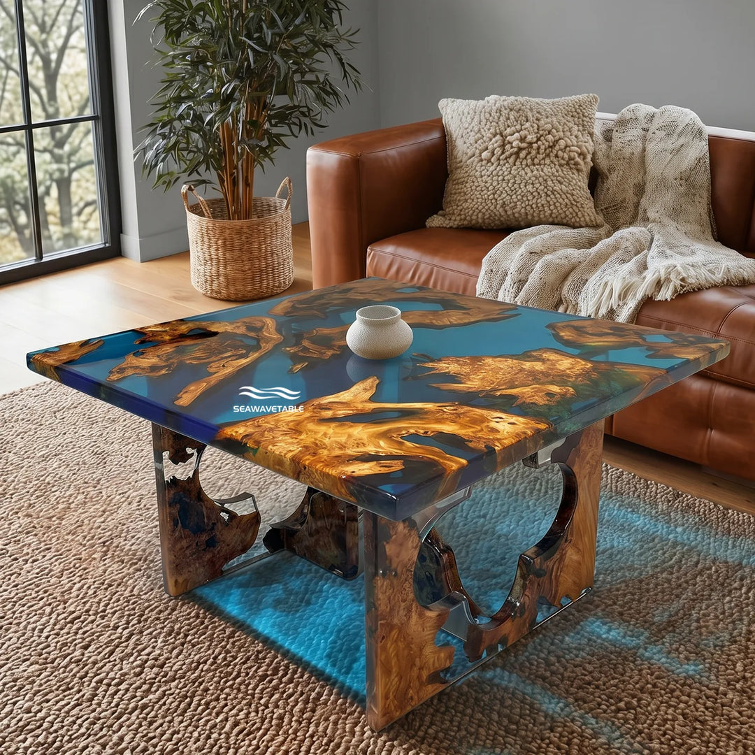 Luxury Cunninghamia wood top table coffee table with artistic resin inlay, creating a statement wooden coffee table centerpiece in a cozy home interior - SeaWaveTable