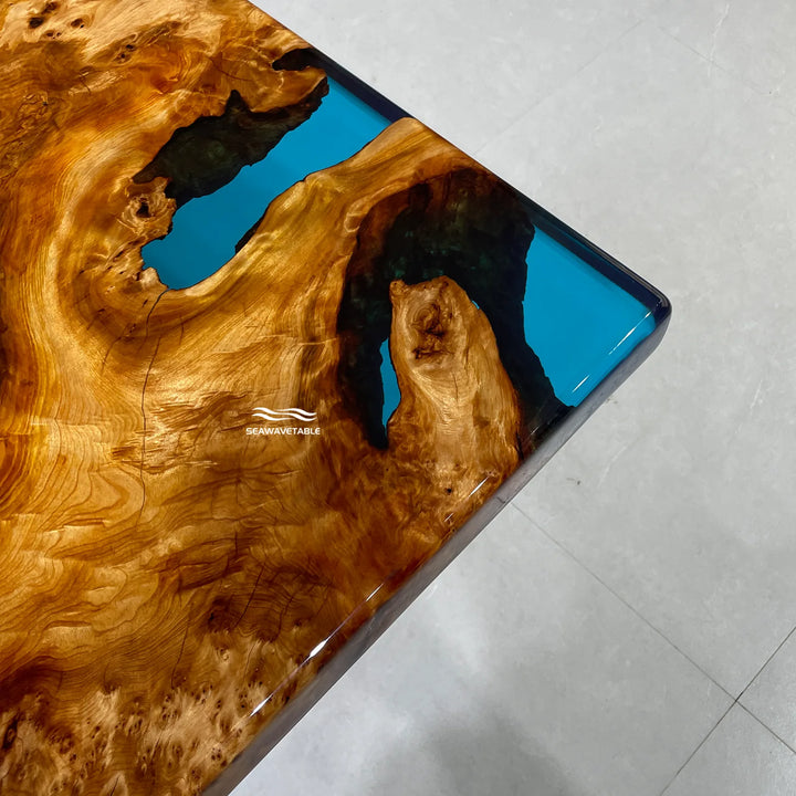 Macro shot of Cunninghamia resin coffee table wooden coffee table edge showing smooth polishing, natural wood character, and premium craftsmanship - SeaWaveTable