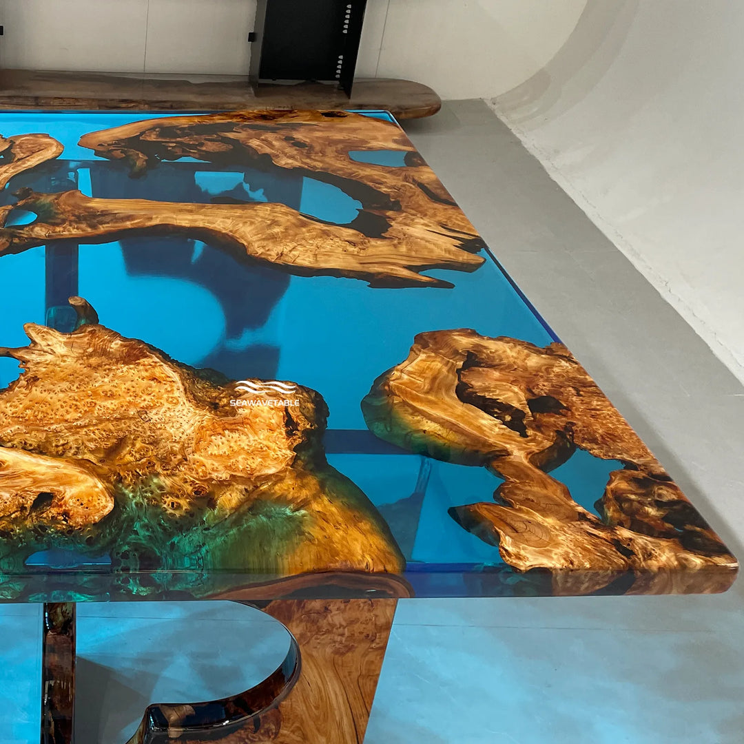 Detailed view of Cunninghamia wooden coffee table top table with transparent resin inlay highlighting unique grain patterns and artistic craftsmanship - SeaWaveTable