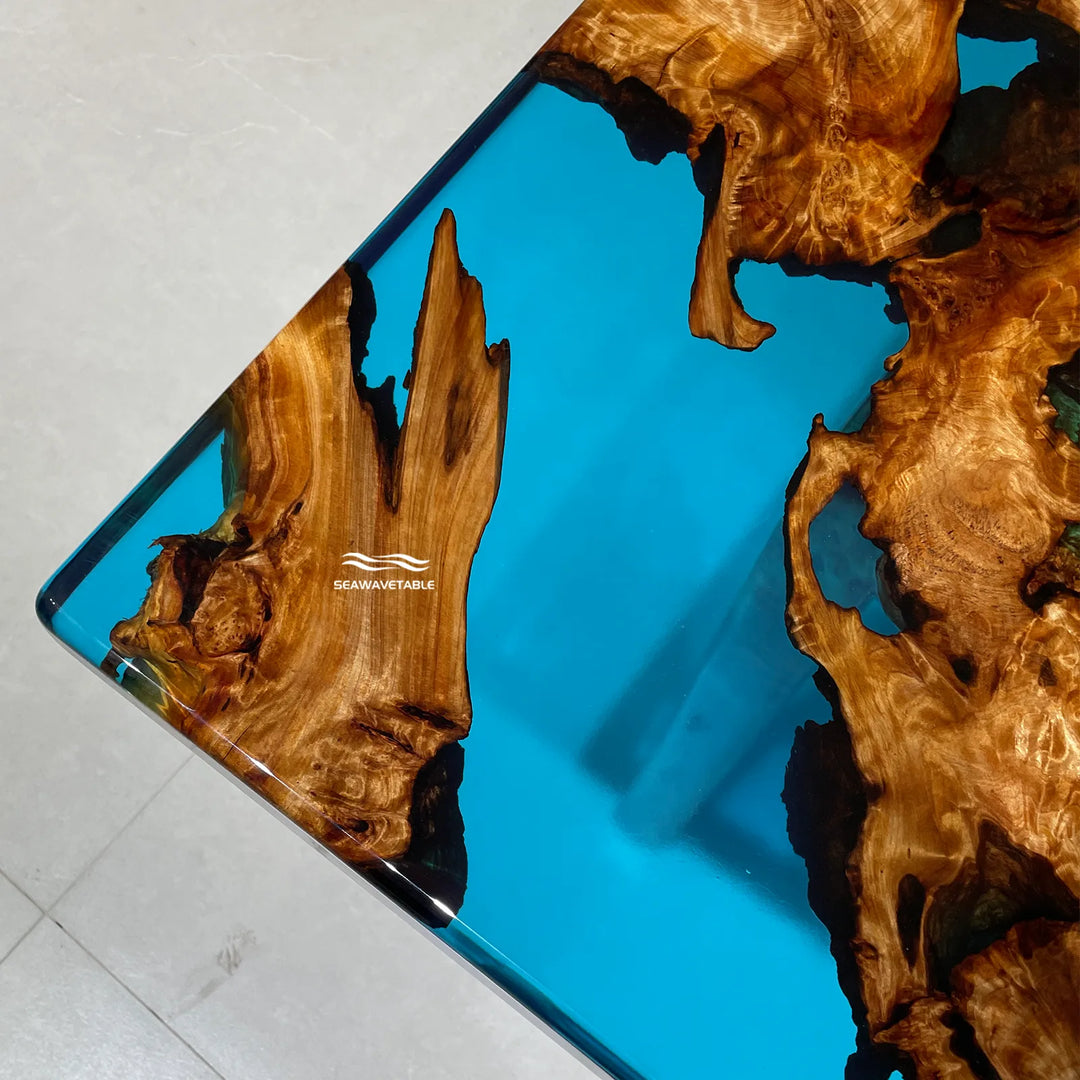 Cunninghamia wood top table coffee table detail featuring resin-filled grain patterns, rich texture, and handcrafted wooden coffee table surface finish - SeaWaveTable
