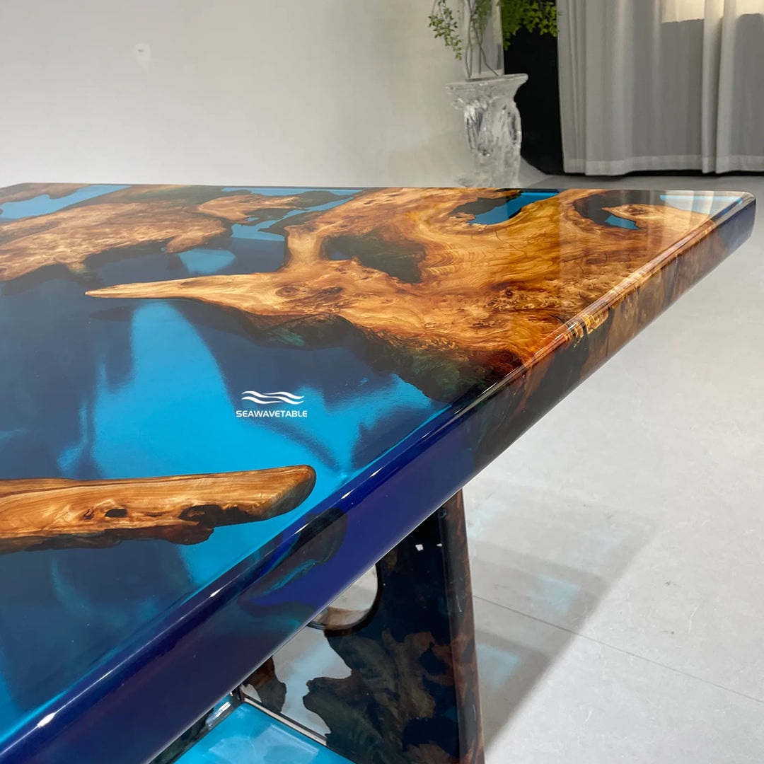 Close-up detail of Cunninghamia resin top table coffee table surface showing natural wood texture, blue resin accents, and handcrafted wooden coffee table finish - SeaWaveTabl