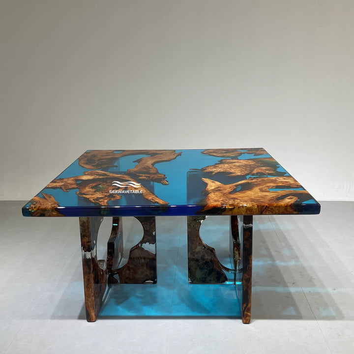 Factory workshop producing a custom Cunninghamia wooden coffee table with resin top table surface, showcasing skilled woodworking and finishing techniques - SeaWaveTable