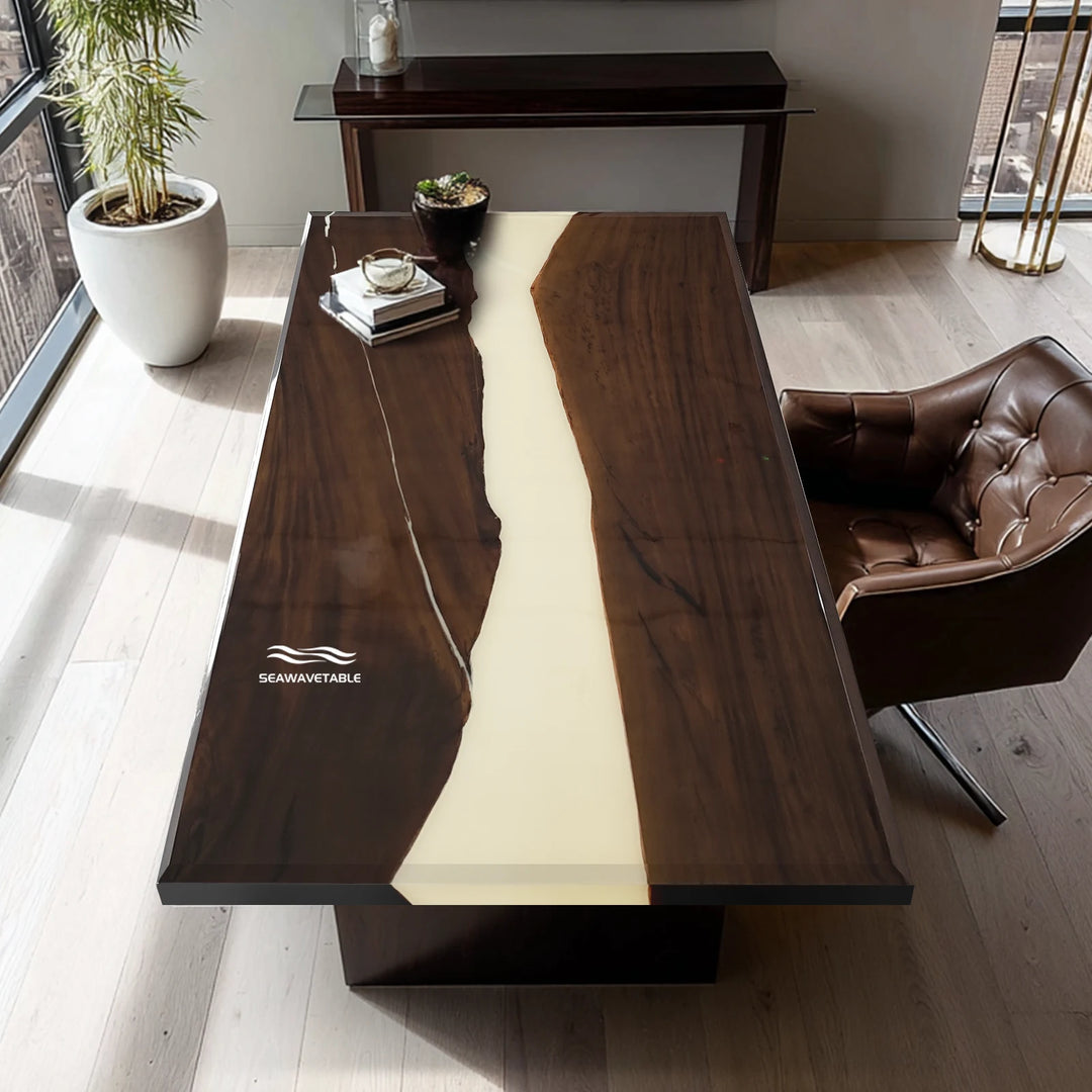 Custom Black Walnut Epoxy Office Desk combining natural walnut grain with artistic epoxy resin details in a contemporary office interior, offering a unique wood for office desk and custom desk experience - SeaWaveTable
