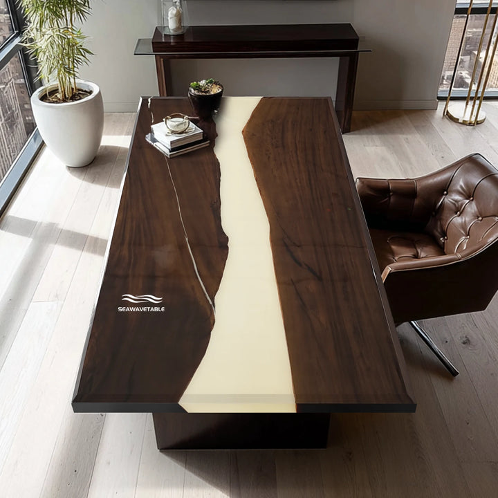 Custom Black Walnut Epoxy Office Desk combining natural walnut grain with artistic epoxy resin details in a contemporary office interior, offering a unique wood for office desk and custom desk experience - SeaWaveTable