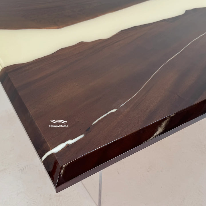 Custom Black Walnut Epoxy Office Desk detail showing natural black walnut grain patterns and smooth resin integration, highlighting premium wood for office desk craftsmanship and custom desk quality - SeaWaveTable