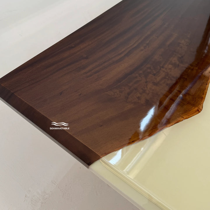 Custom Black Walnut Epoxy Office Desk detail featuring the glossy epoxy resin river surface and deep walnut wood texture for a distinctive custom desk design - SeaWaveTable
