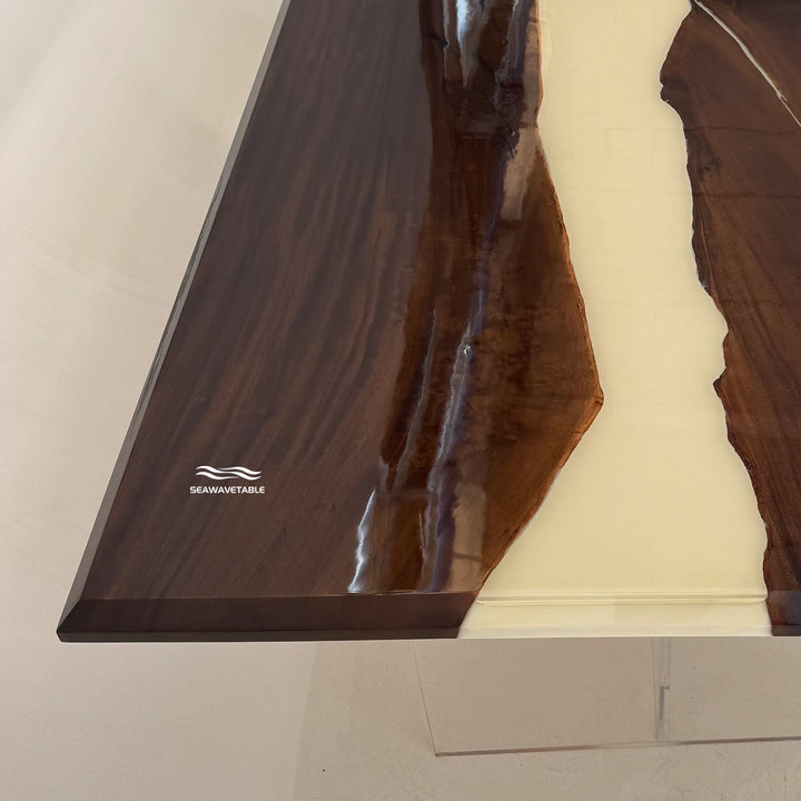 Custom Black Walnut Epoxy Office Desk detail highlighting rich walnut tones, artistic resin flow, and luxury custom desk beveled edge- SeaWaveTable