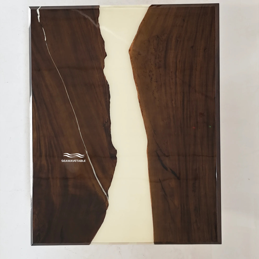 Custom Black Walnut Epoxy Office Desk detail showcasing the refined resin finish, seamless edges, and handcrafted wood for office desk construction - SeaWaveTable