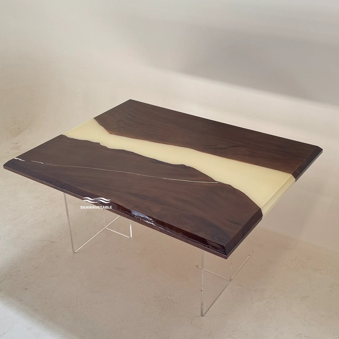 Custom Black Walnut Epoxy Office Desk exhibition view showing a refined walnut surface and contemporary resin design, creating a statement wood for office desk and bespoke custom desk solution - SeaWaveTable
