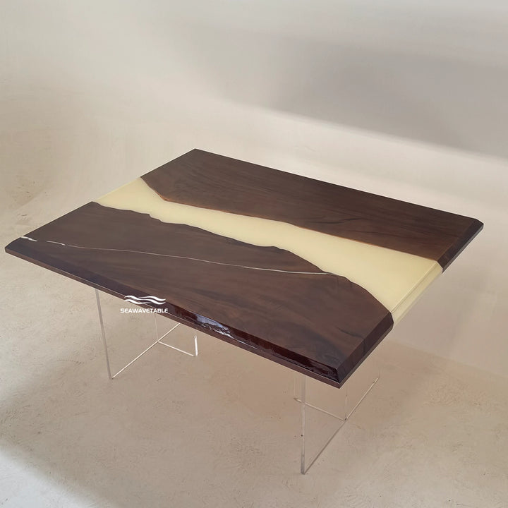 Custom Black Walnut Epoxy Office Desk exhibition view showing a refined walnut surface and contemporary resin design, creating a statement wood for office desk and bespoke custom desk solution - SeaWaveTable