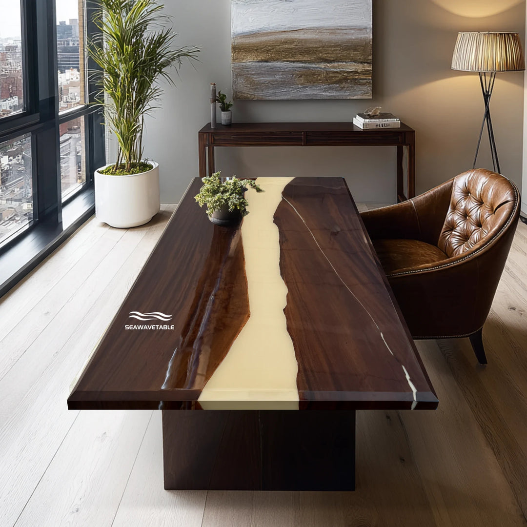 Custom Black Walnut Epoxy Office Desk with glossy resin surface and elegant walnut wood texture placed in a modern workplace, showcasing premium wood for office desk craftsmanship and a personalized custom desk design - SeaWaveTable
