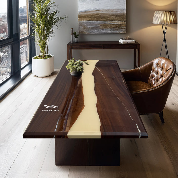 Custom Black Walnut Epoxy Office Desk with glossy resin surface and elegant walnut wood texture placed in a modern workplace, showcasing premium wood for office desk craftsmanship and a personalized custom desk design - SeaWaveTable