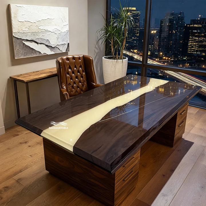 Custom Black Walnut Epoxy Office Desk featuring rich walnut tones and a flowing white resin river design in a luxury executive office, creating a sophisticated wood for office desk solution and custom desk centerpiece - SeaWaveTable