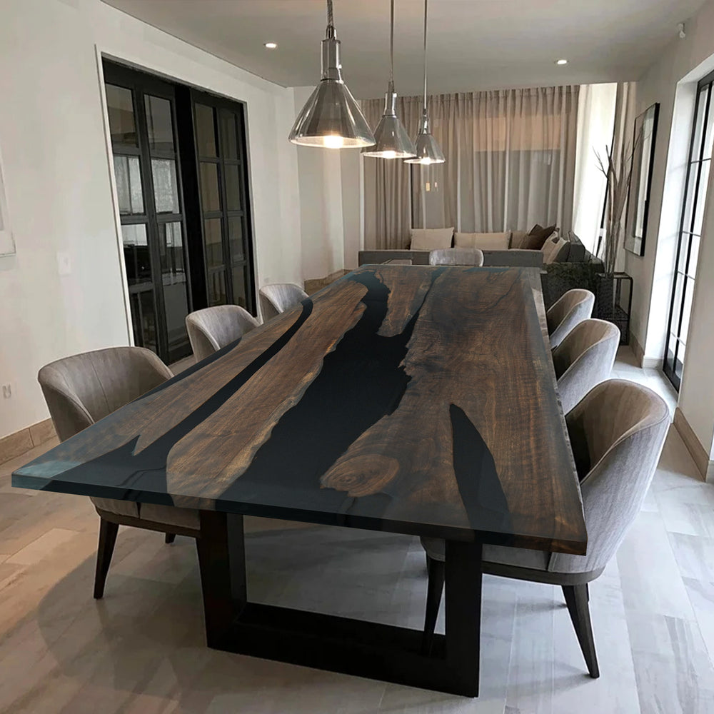 Black walnut epoxy resin river table with black resin – dining room setting