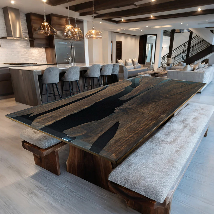 Custom live edge dining table with black resin and walnut wood