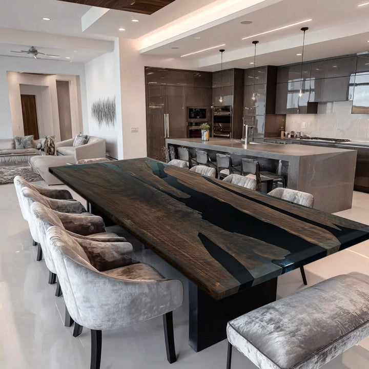Epoxy river table – black resin with natural black walnut slab