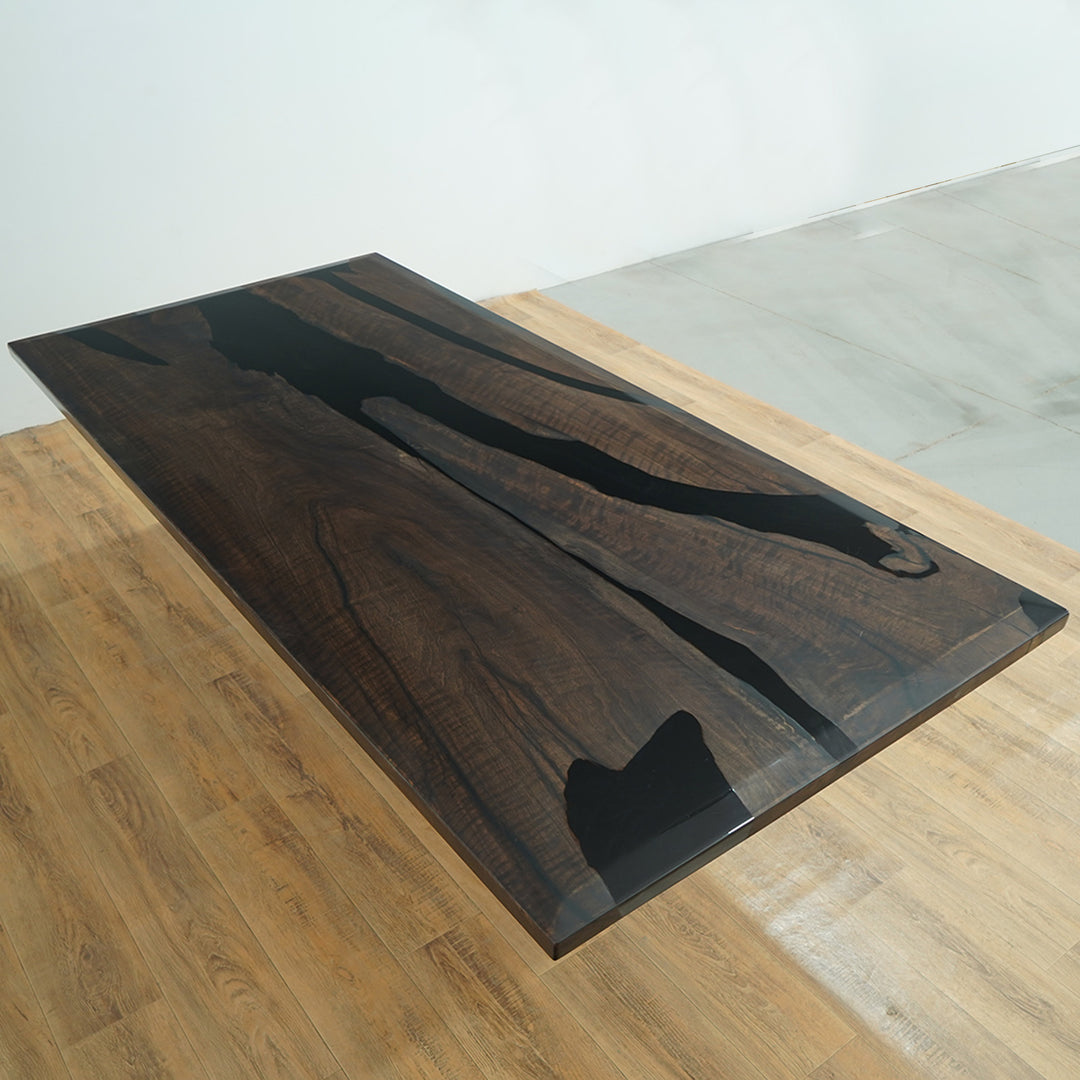 Black resin river dining table – handcrafted walnut live edge