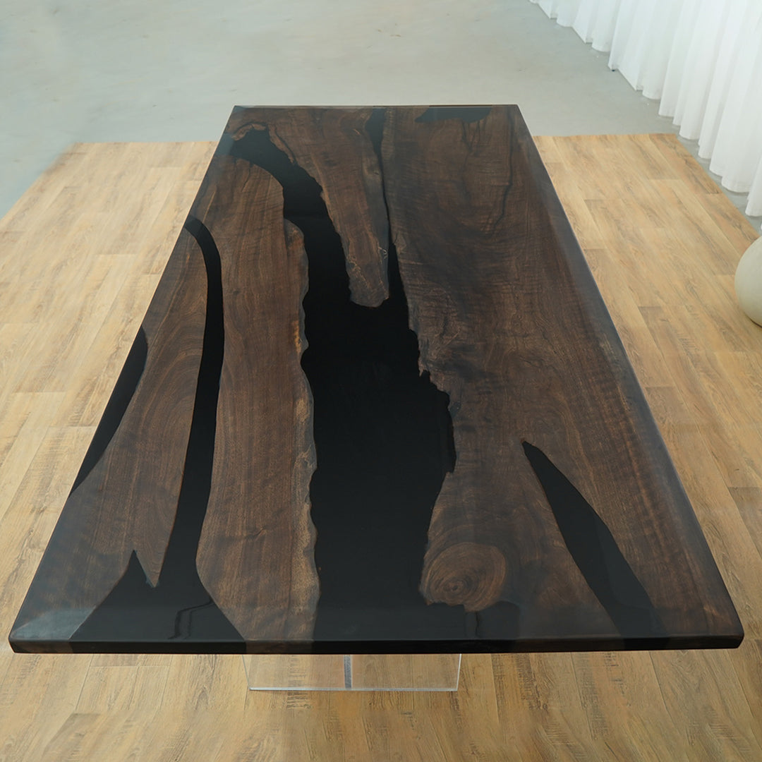 Glossy black epoxy with walnut live edge table for dining