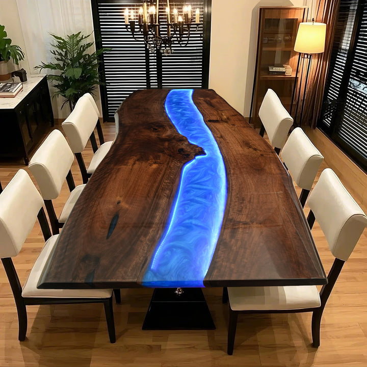 Custom Black Walnut Glow Epoxy Resin Dining Table with LED Lights  CRT-143