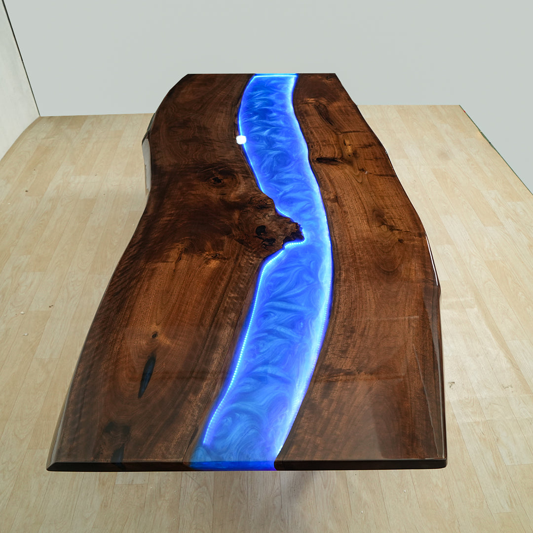 Custom Black Walnut Glow Epoxy Resin Dining Table with LED Lights  CRT-143