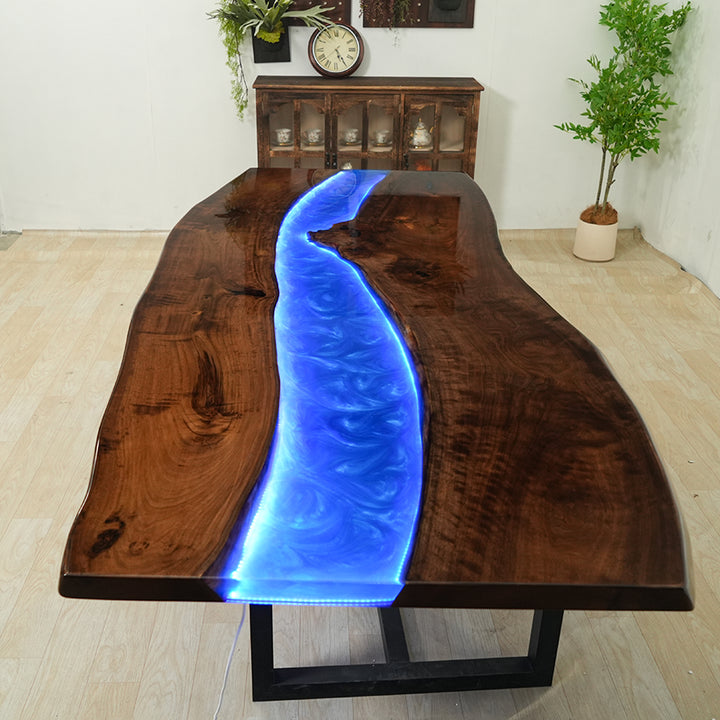 Custom Black Walnut Glow Epoxy Resin Dining Table with LED Lights  CRT-143