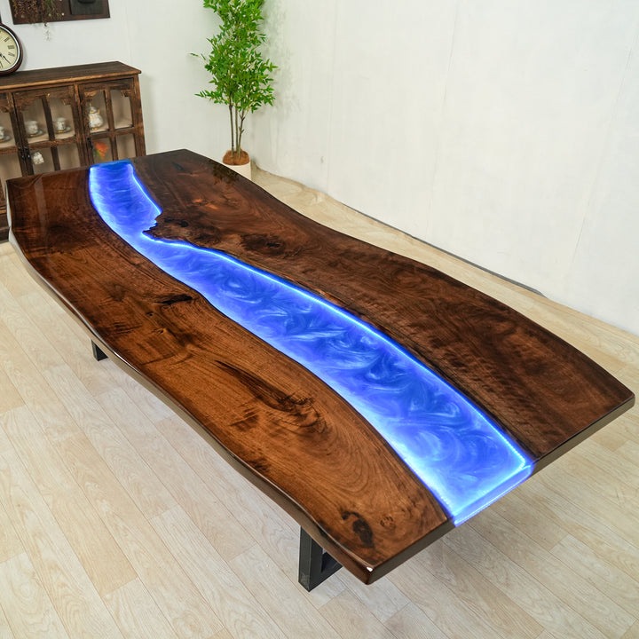 Custom Black Walnut Glow Epoxy Resin Dining Table with LED Lights  CRT-143