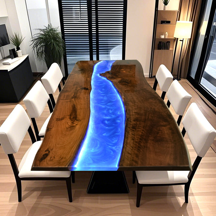 Custom Black Walnut Glow Epoxy Resin Dining Table with LED Lights  CRT-143