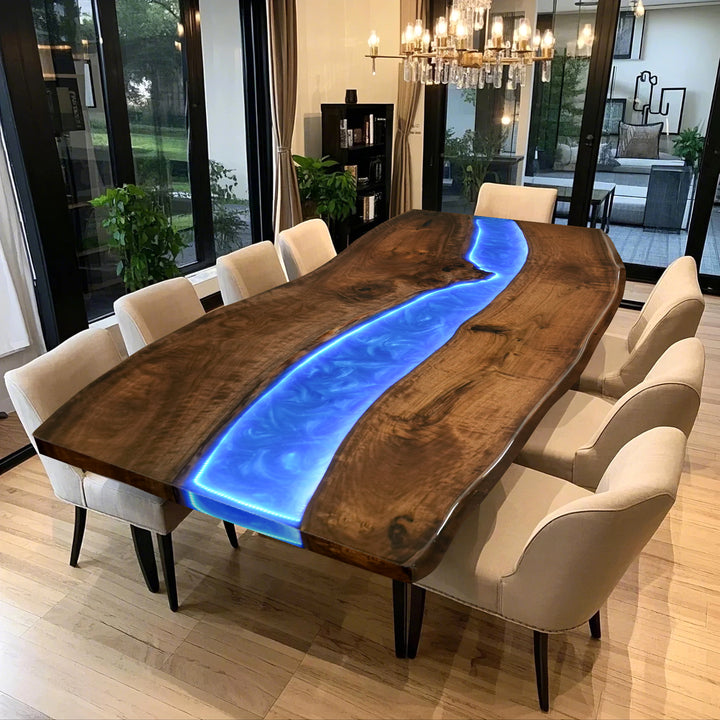 Custom Black Walnut Glow Epoxy Resin Dining Table with LED Lights  CRT-143