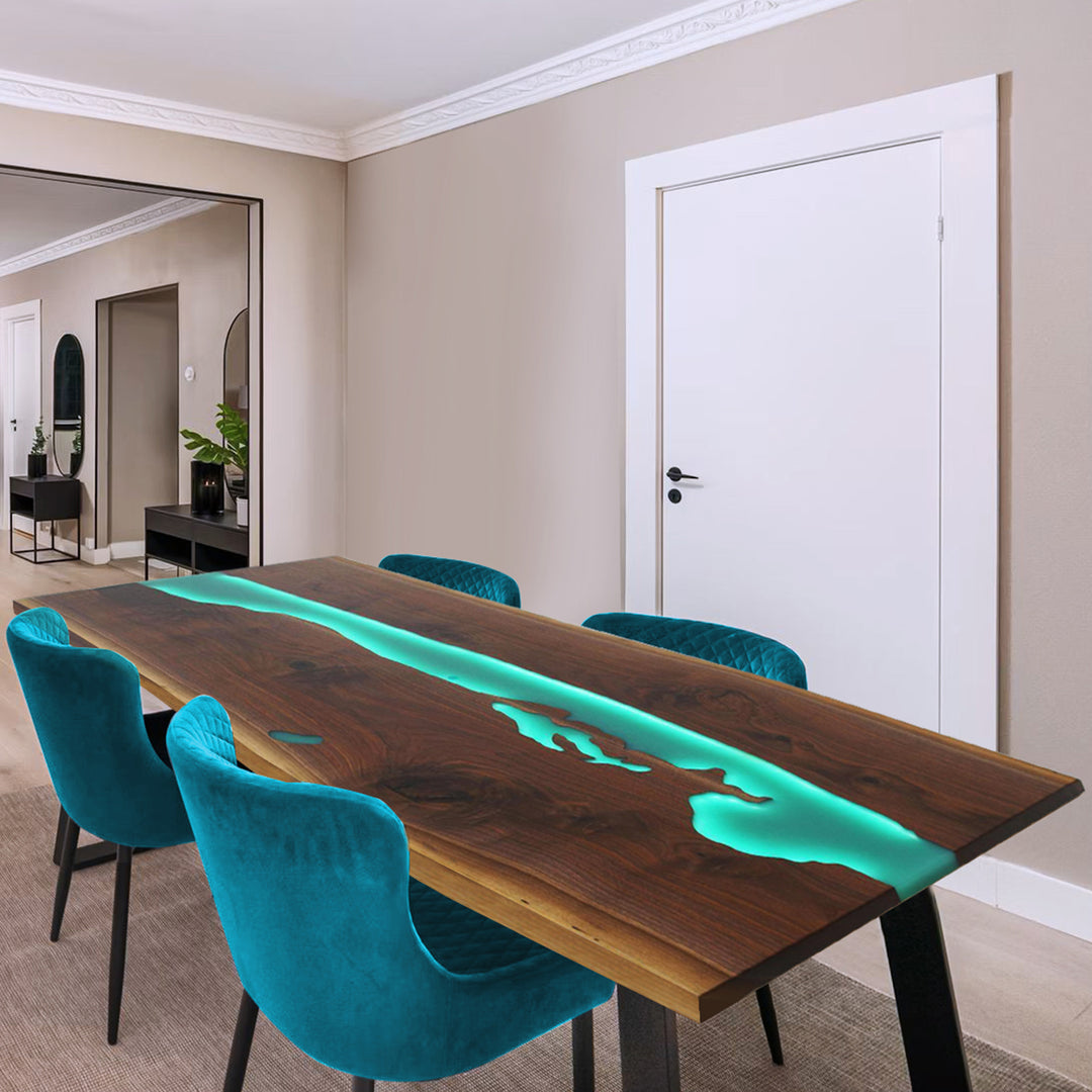 Custom 40" x 90" Glass Walnut Glow Seafoam Green Epoxy Straight Edge Table Top with LED Lights