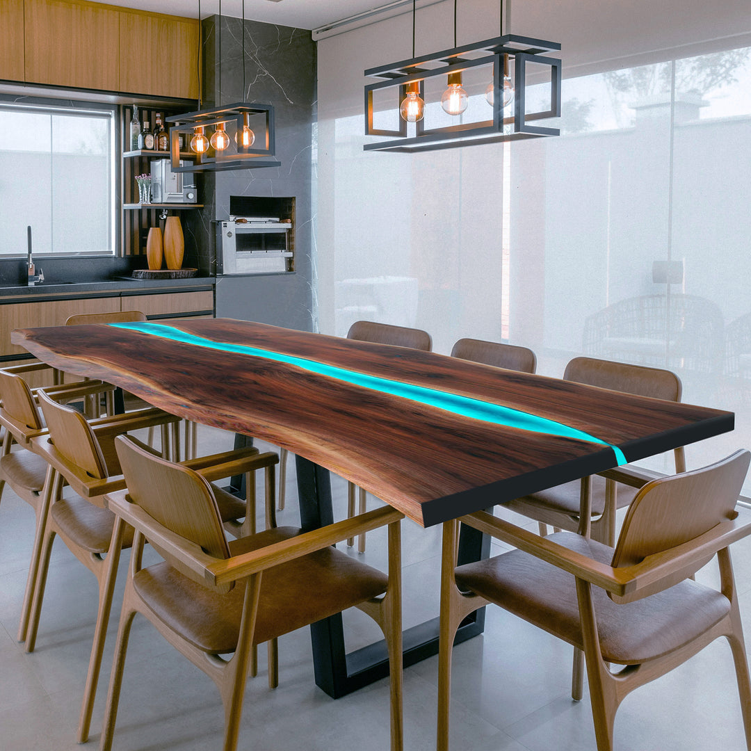 Custom Black Walnut Glow Epoxy River Table with LED Lights CRT-145