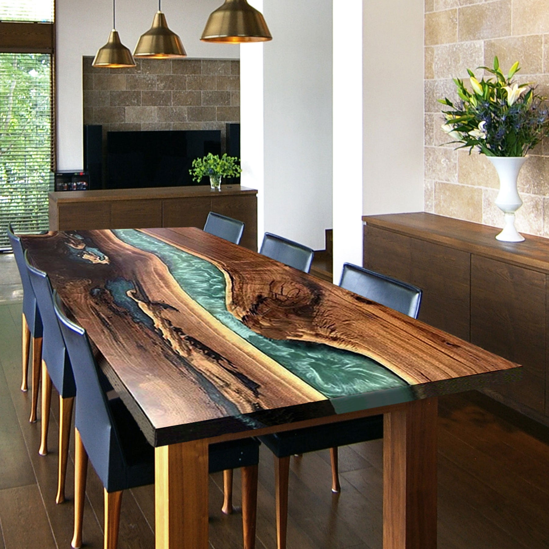 Custom Black Walnut River Green Epoxy Resin Kitchen Table CRT-112