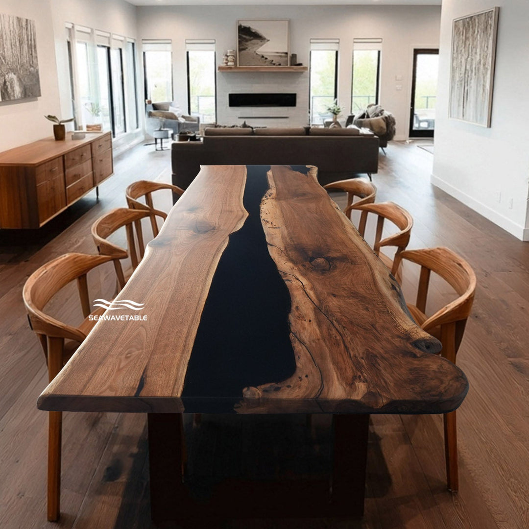 Luxury black walnut wood resin river dining table with slate black epoxy center