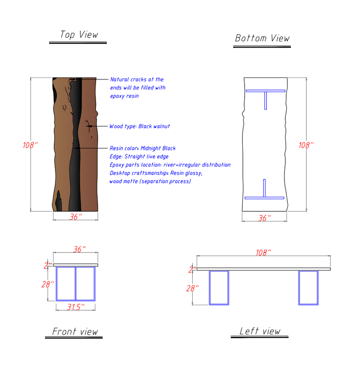 Minimalist luxury dining table with black  walnut wood slab and resin art centerpiece