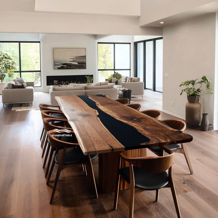 Handcrafted epoxy river table with natural wood grain and black resin