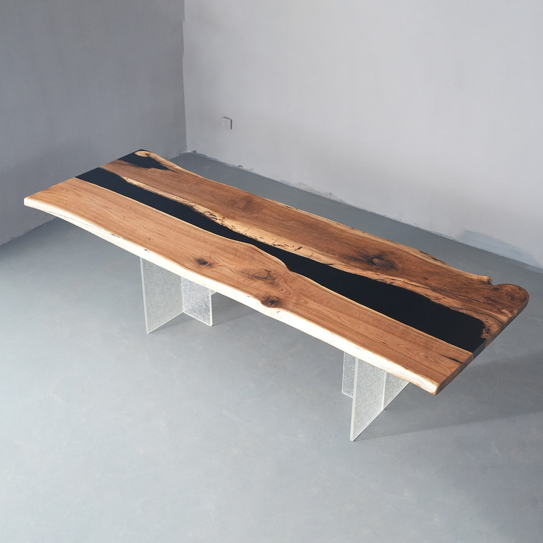 Custom solid black walnut wood dining table with artistic black resin inlay design