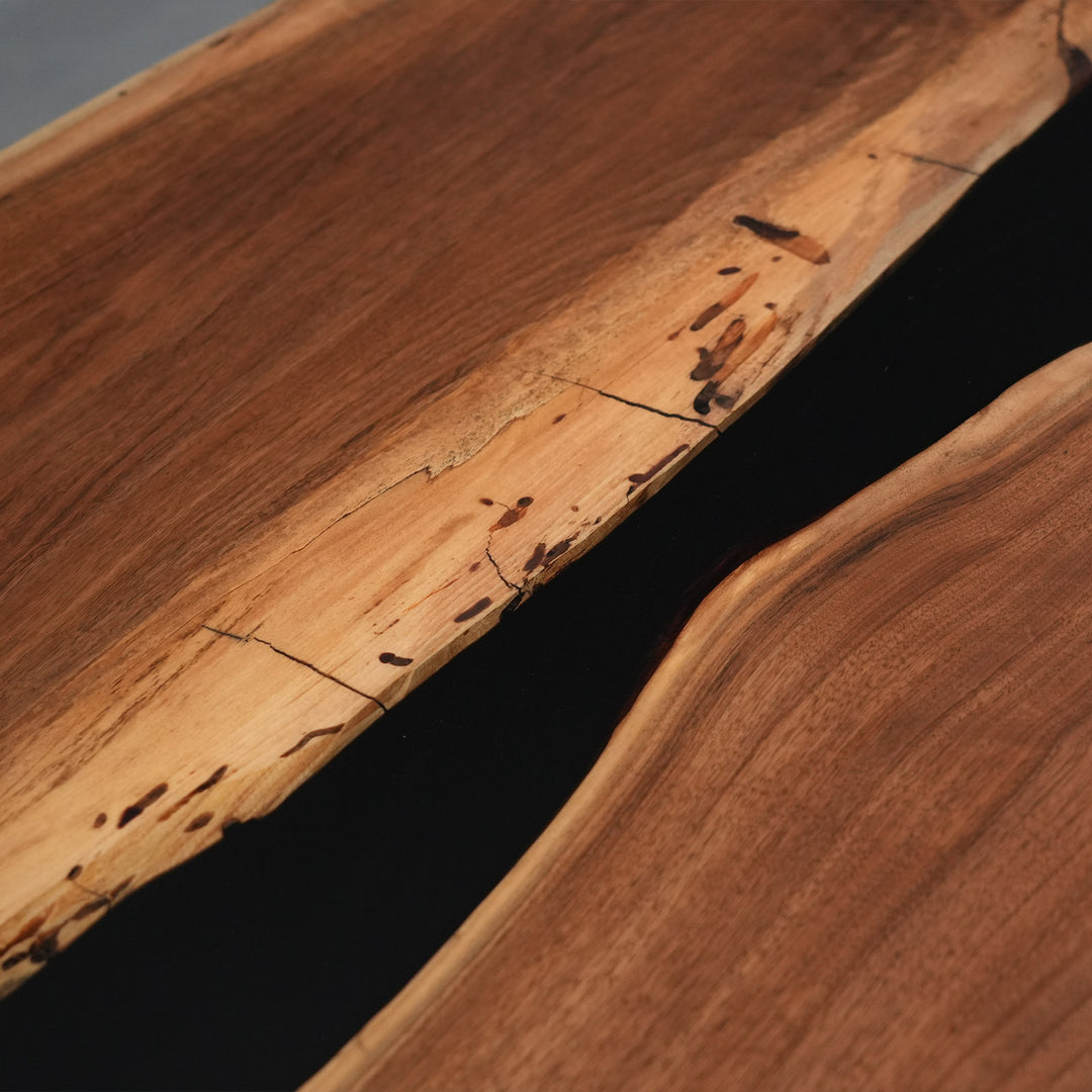 Close-up of a wooden surface with a visible resin grain pattern