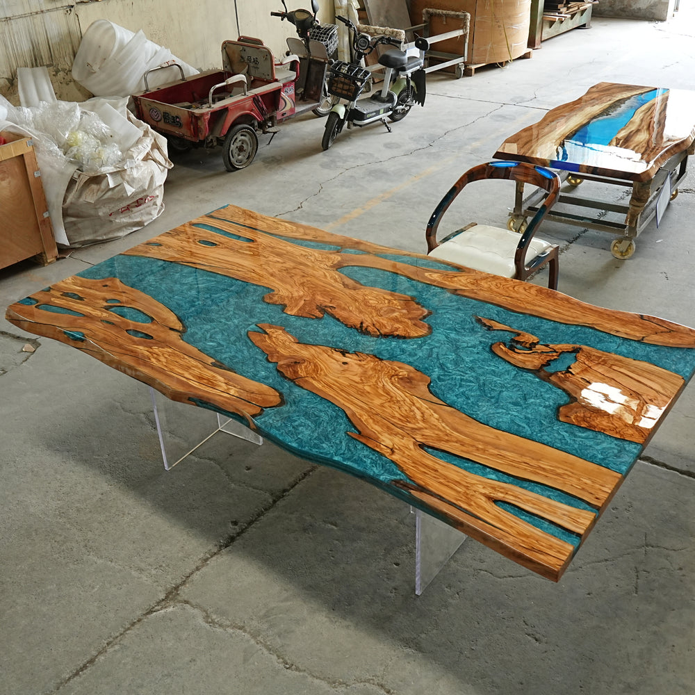 Handmade live edge olive wood table with black epoxy resin CRT-051-6