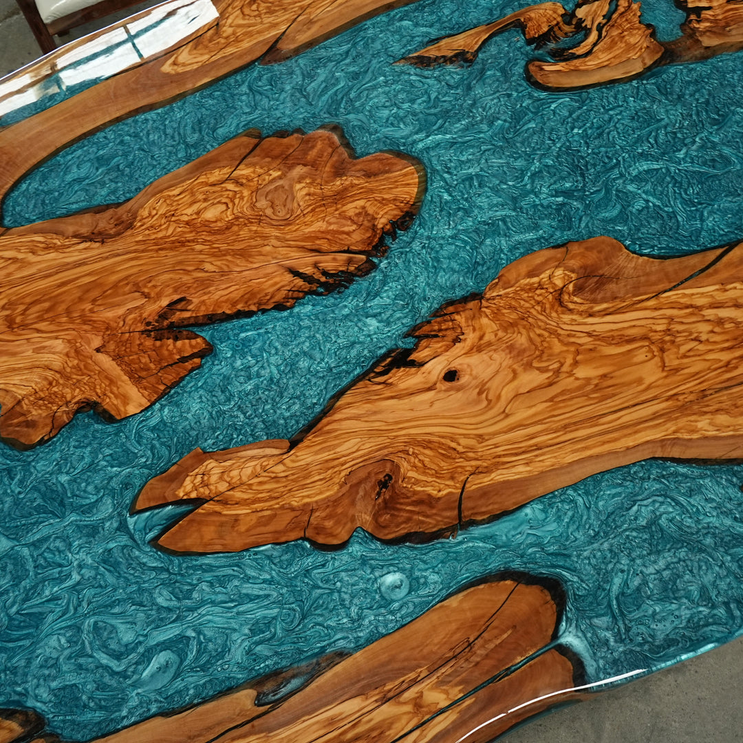 Luxury olive wood resin dining table with live edge design