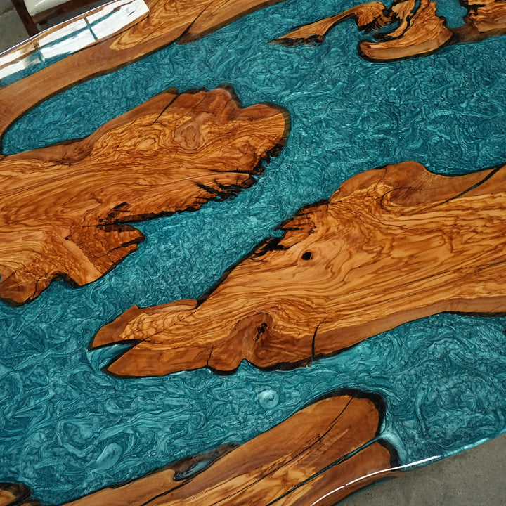 Luxury olive wood resin dining table with live edge design