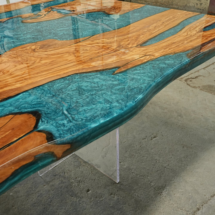 CRT-051-6 custom olive wood and epoxy river dining table