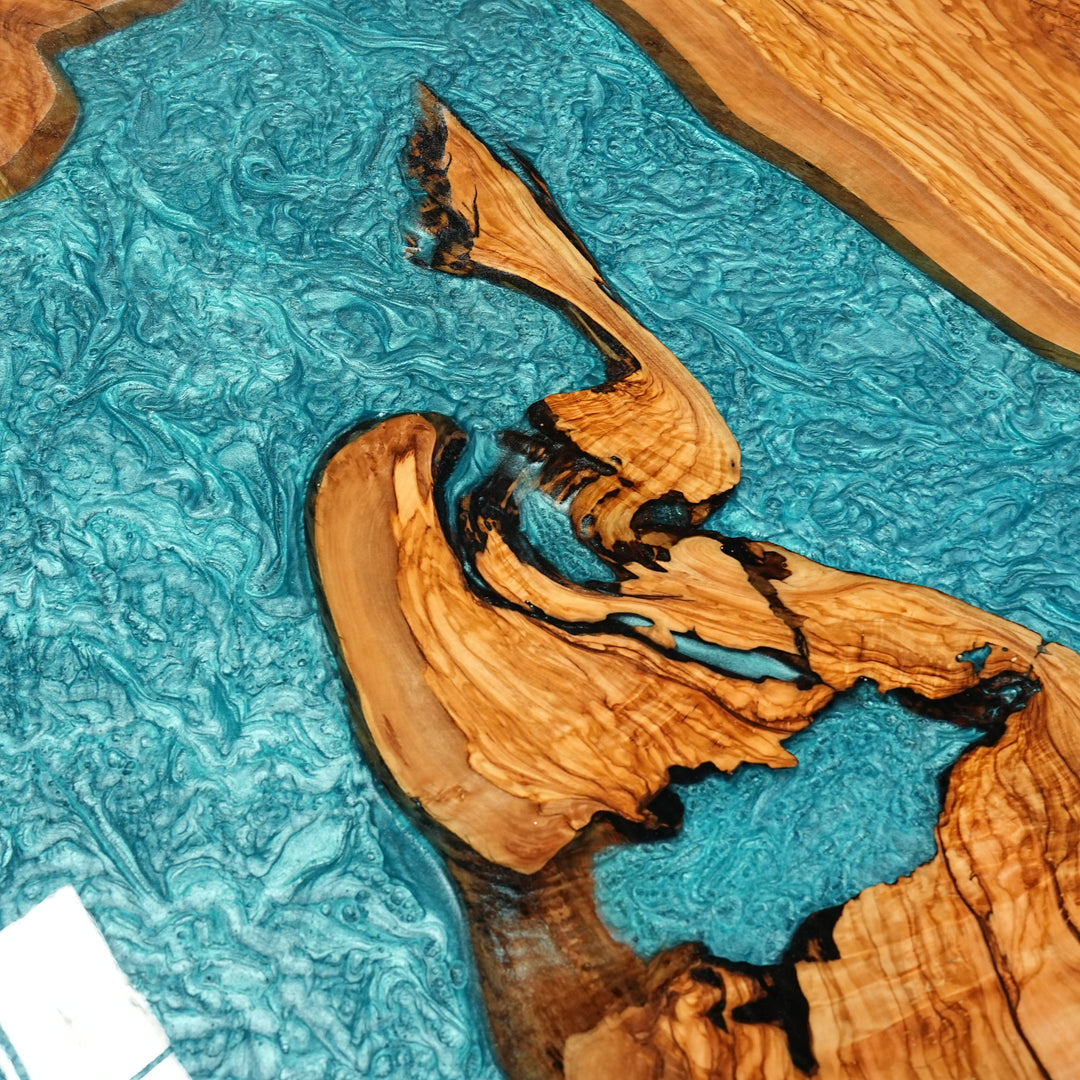 Handmade olive wood table with unique resin river design