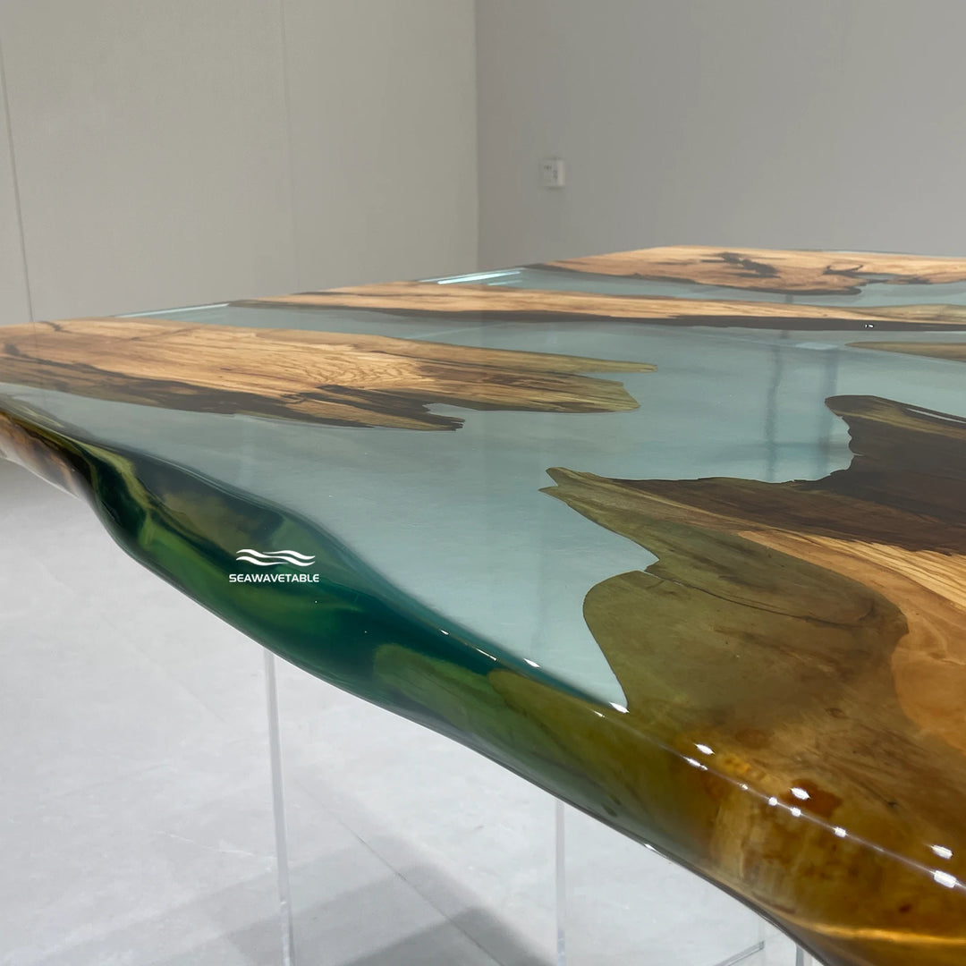 Epoxy Resin Olive Wood Dining Table detail highlighting unique olive wood grain, natural edge patterns, and handcrafted dining table wood construction with epoxy table resin accents - SeaWaveTable