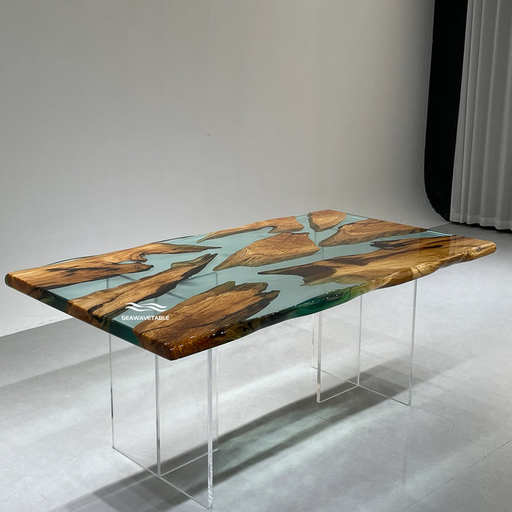 Epoxy Resin Olive Wood Dining Table showcased in a luxury residential interior, featuring unique wood patterns, glossy finish, and handcrafted dining table wood craftsmanship with epoxy table details - SeaWaveTable