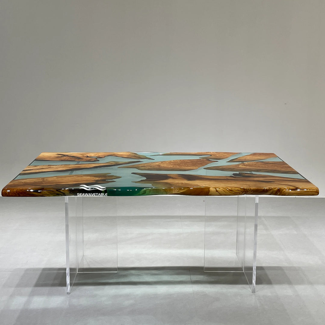 Epoxy Resin Olive Wood Dining Table exhibition view showing artistic resin rivers and natural olive wood surfaces, creating a statement dining table wood piece and premium epoxy table for elegant spaces - SeaWaveTable