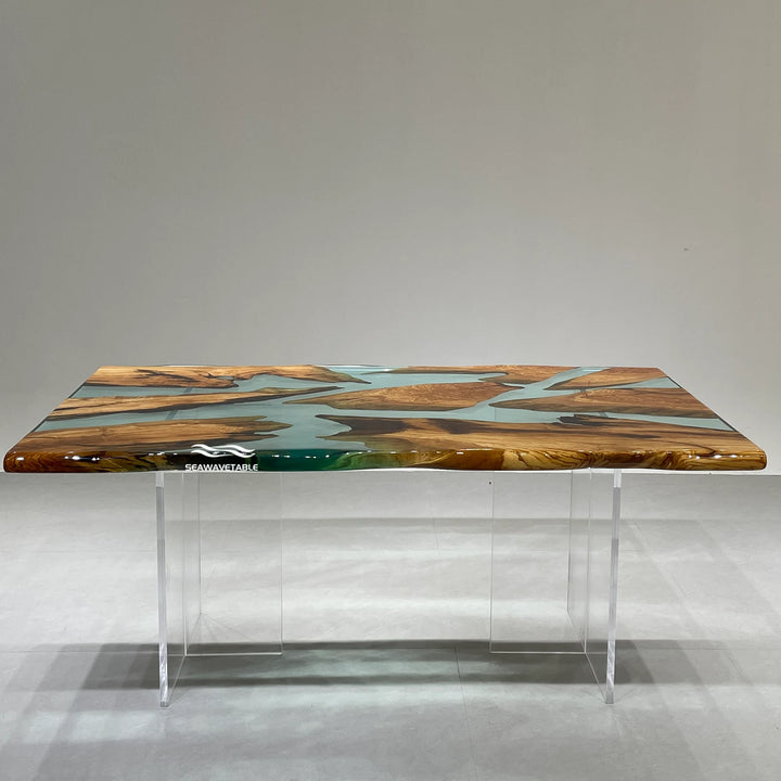 Epoxy Resin Olive Wood Dining Table exhibition view showing artistic resin rivers and natural olive wood surfaces, creating a statement dining table wood piece and premium epoxy table for elegant spaces - SeaWaveTable