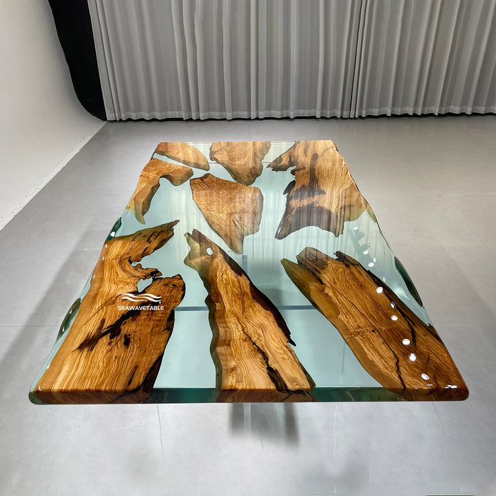 Epoxy Resin Olive Wood Dining Table displayed in a contemporary dining area with natural olive wood texture and transparent resin flow, highlighting a stylish dining table wood and epoxy table design - SeaWaveTable