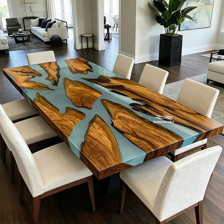 Epoxy Resin Olive Wood Dining Table combining live edge olive wood character with ocean-inspired resin inlay, offering an elegant dining table wood solution and custom epoxy table design for modern interiors - SeaWaveTable