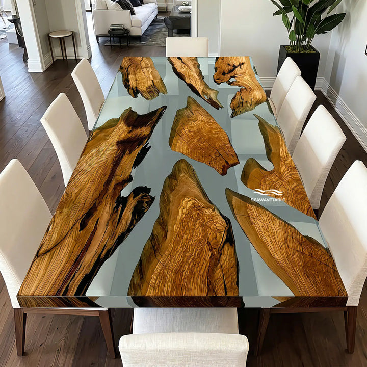 Epoxy Resin Olive Wood Dining Table with organic wood grain patterns and glossy resin surface placed in a luxury home dining space, showcasing a premium dining table wood style and artistic epoxy table craftsmanship - SeaWaveTable