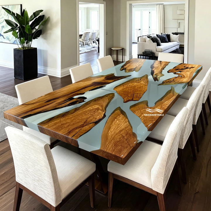 Epoxy Resin Olive Wood Dining Table featuring natural olive wood slabs and flowing resin details in a modern dining room, creating a unique dining table wood design and handcrafted epoxy table centerpiece - SeaWaveTable