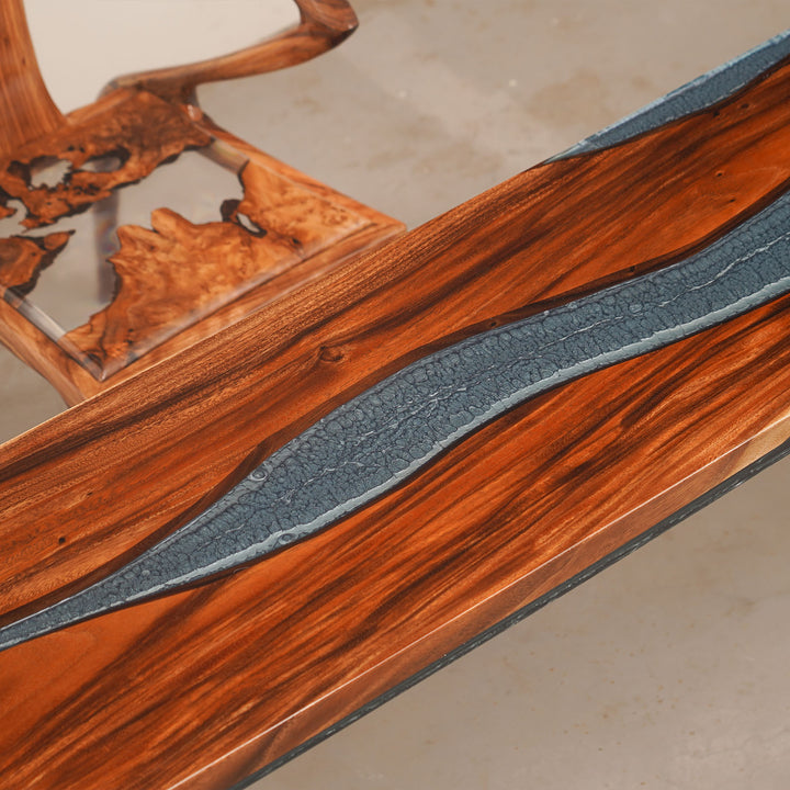 Custom Epoxy Resin River Countertop exhibition featuring a modern kitchen/bar counter installation with natural wood texture and elegant resin table finish - SeaWaveTable